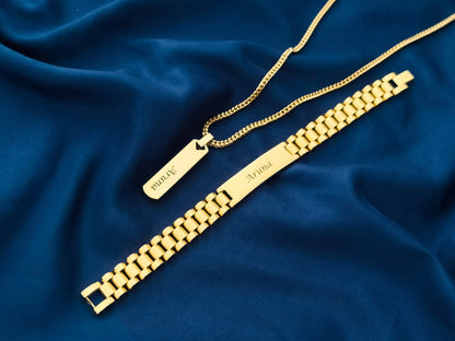 Special Bundle Offer Valentine - Customized Name Bracelet and Necklace For Men-With Gift Box-GOLD