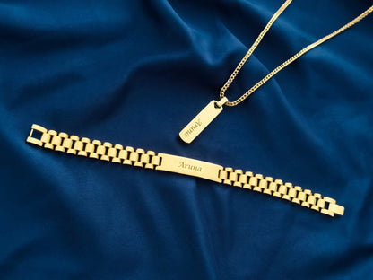 Special Bundle Offer Valentine - Customized Name Bracelet and Necklace For Men-With Gift Box-GOLD
