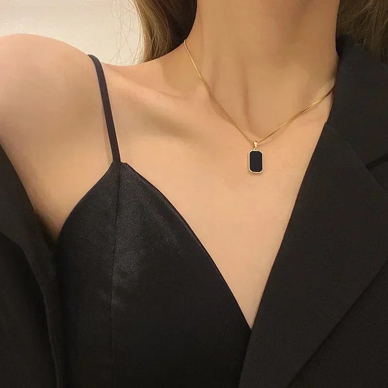 Black Square Rectangle Necklace For Girls Waterproof Trending Korean Fashion Jewellery Gift