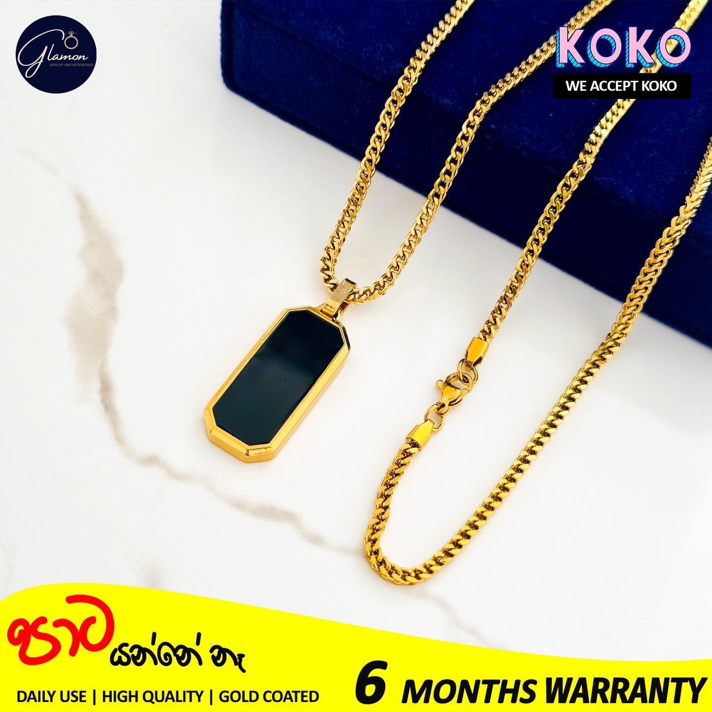 Glamon Gold Coated Geomatric Pendant With Diamond Cut Franco Box Chain High Quality Waterproof Necklace Jewellery Gift For Boys