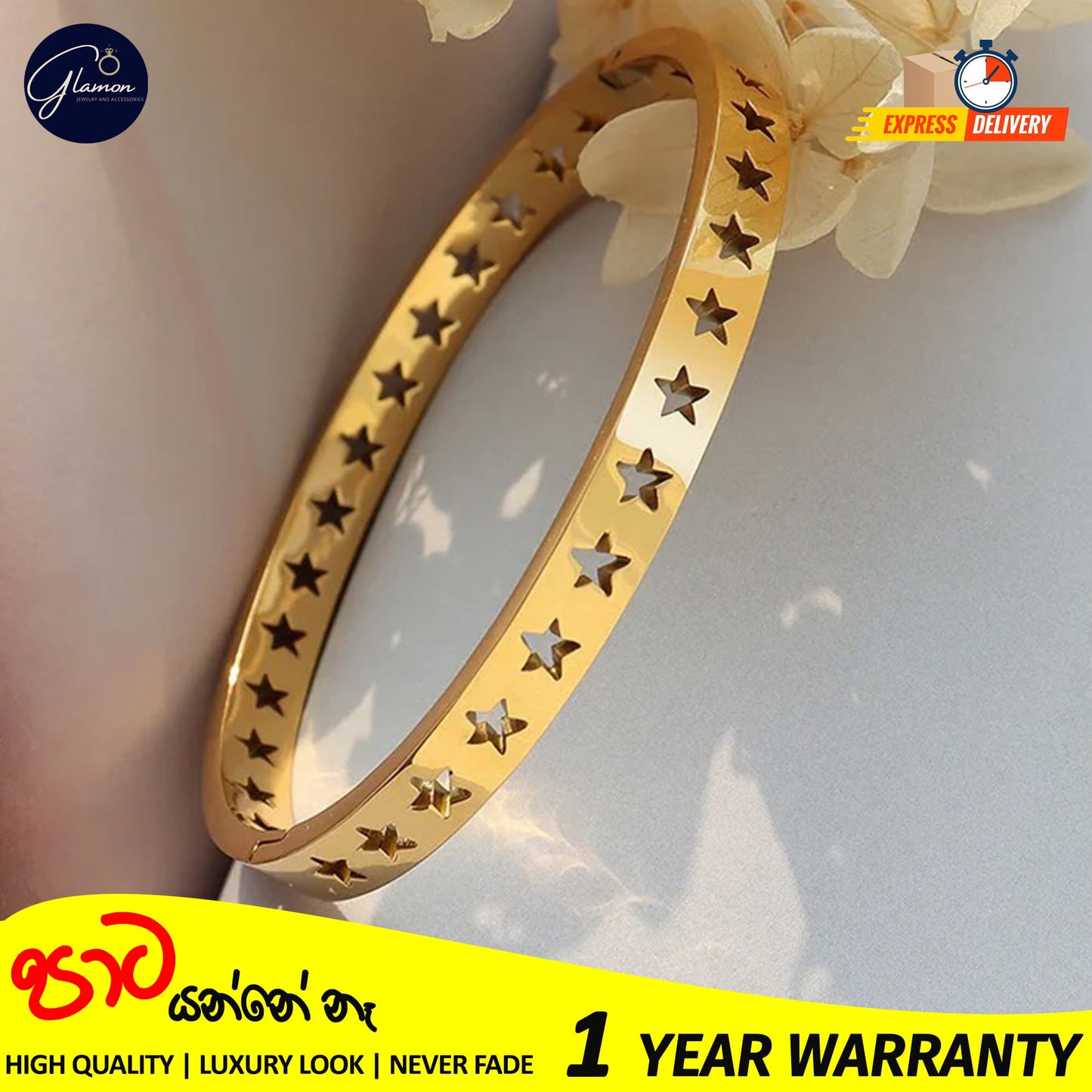 Glamon Luxury Hollow Star Design Gold Bangle For Women 316L Stainless Steel High Polished Gold Plated Bangle For Girls Stylish Rich Look Bracelets & Bangles Gifts For Girlfriend Gold Jewellery Cuff Bracelet For Girls Accessories