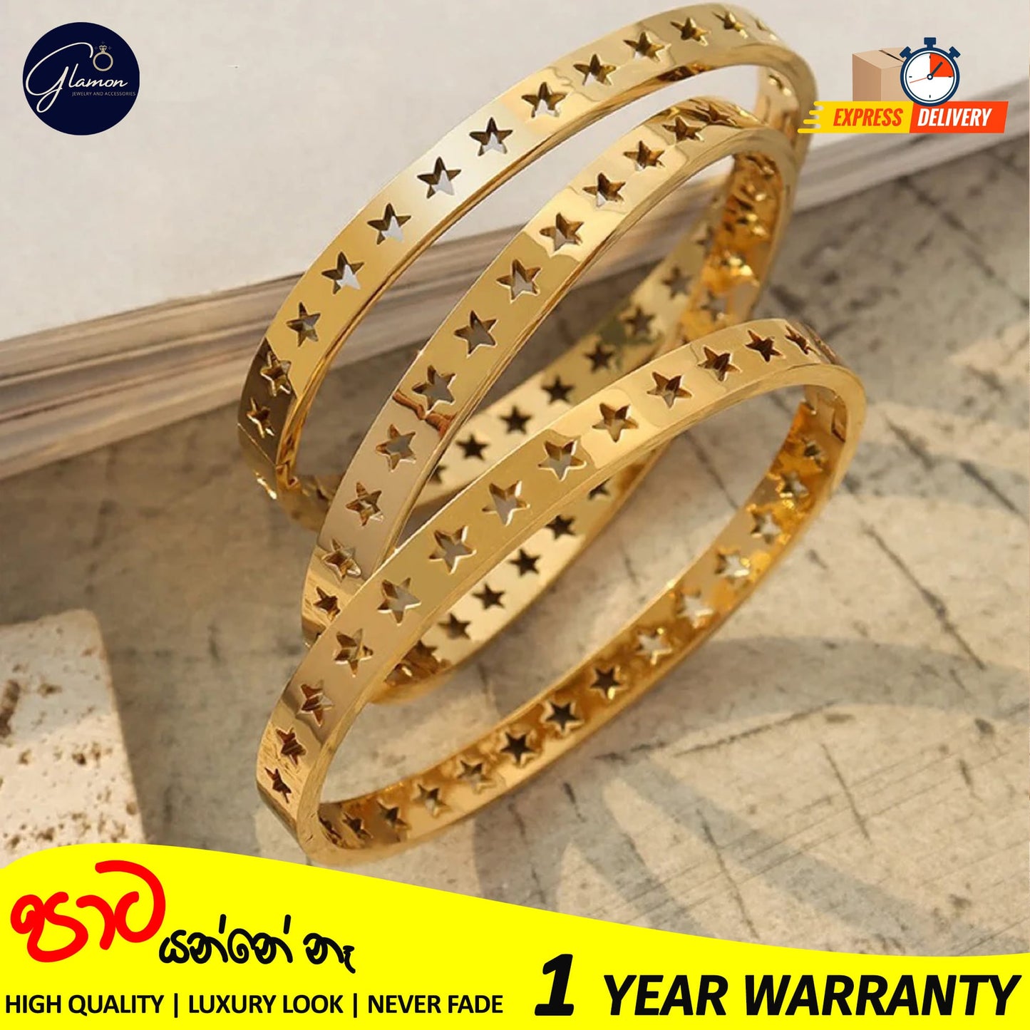 Glamon Luxury Hollow Star Design Gold Bangle For Women 316L Stainless Steel High Polished Gold Plated Bangle For Girls Stylish Rich Look Bracelets & Bangles Gifts For Girlfriend Gold Jewellery Cuff Bracelet For Girls Accessories