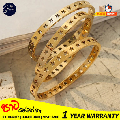 Glamon Luxury Hollow Star Design Gold Bangle For Women 316L Stainless Steel High Polished Gold Plated Bangle For Girls Stylish Rich Look Bracelets & Bangles Gifts For Girlfriend Gold Jewellery Cuff Bracelet For Girls Accessories