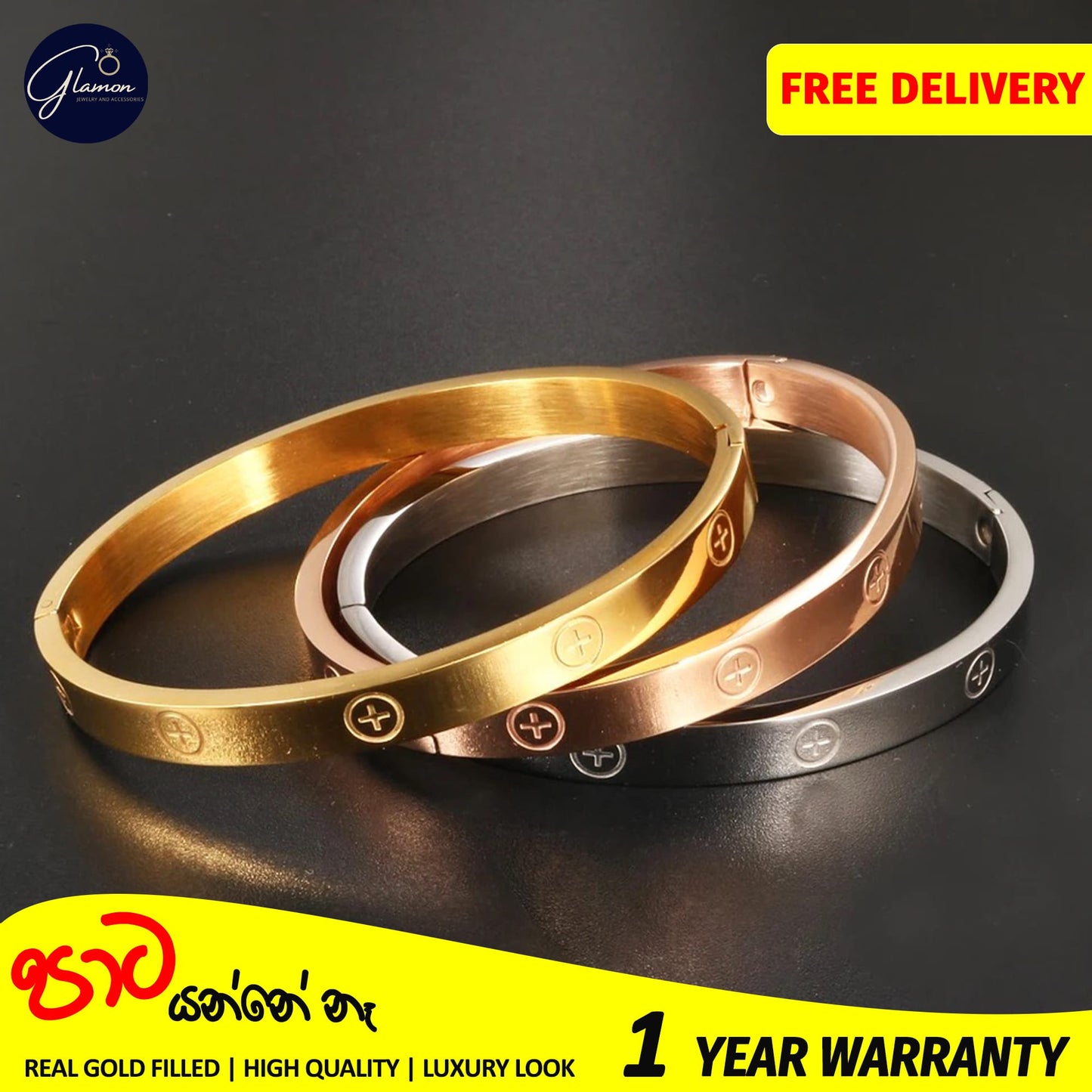 Glamon Luxury Gold Bangles For Women Cross Design Waterproof LOVE Crystal Bangle Oval Beslet Gold Jewellery Stainless Steel Bracelet for Girls Gift Jewelry