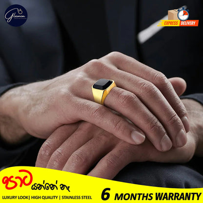 Mens Black Stone Signet Ring Stainless Steel High Quality Gold Rings For Men Wedding Party Gift Jewelery