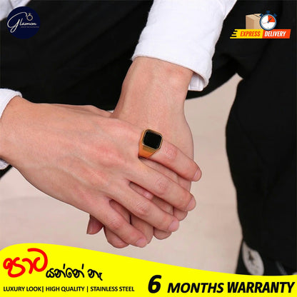 Mens Black Stone Signet Ring Stainless Steel High Quality Gold Rings For Men Wedding Party Gift Jewelery