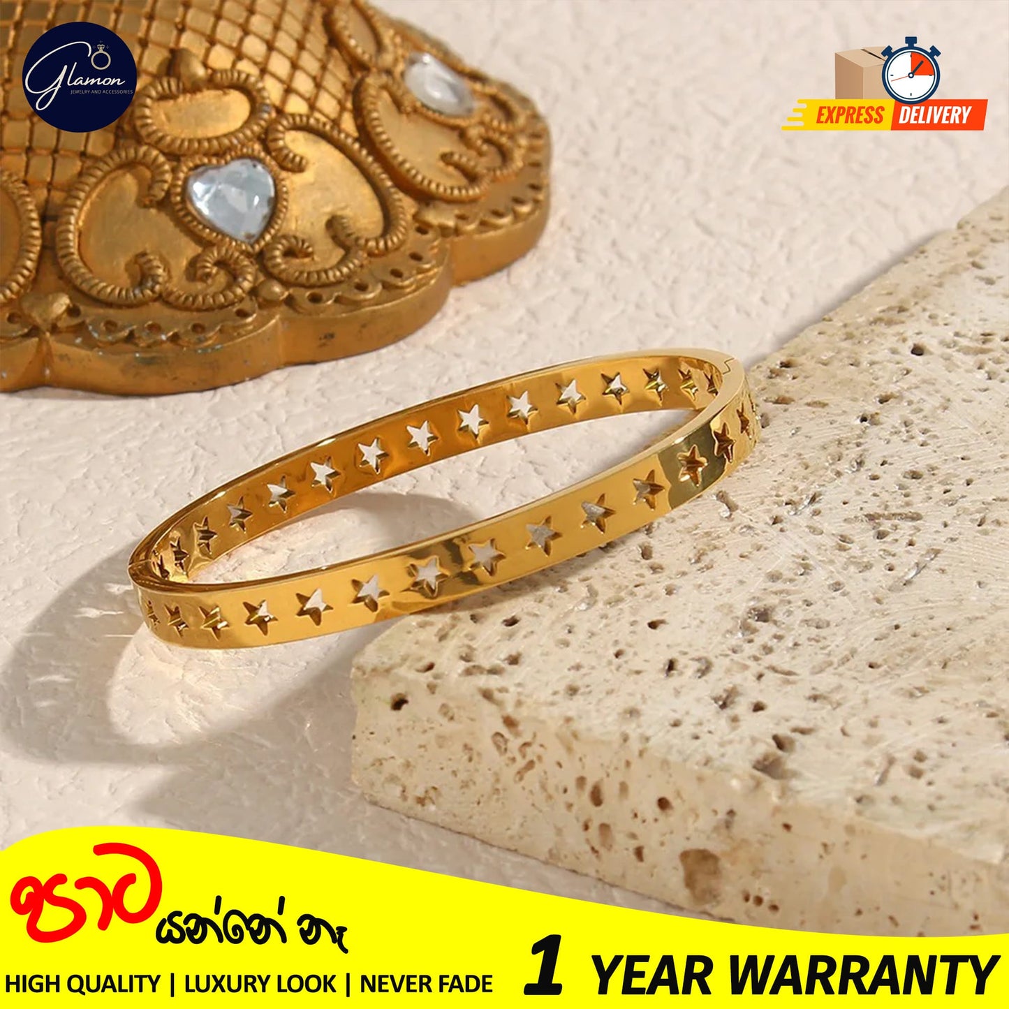 Glamon Luxury Hollow Star Design Gold Bangle For Women 316L Stainless Steel High Polished Gold Plated Bangle For Girls Stylish Rich Look Bracelets & Bangles Gifts For Girlfriend Gold Jewellery Cuff Bracelet For Girls Accessories