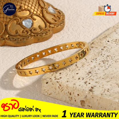 Glamon Luxury Hollow Star Design Gold Bangle For Women 316L Stainless Steel High Polished Gold Plated Bangle For Girls Stylish Rich Look Bracelets & Bangles Gifts For Girlfriend Gold Jewellery Cuff Bracelet For Girls Accessories