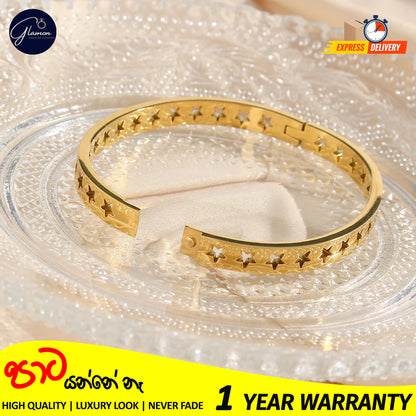 Glamon Luxury Hollow Star Design Gold Bangle For Women 316L Stainless Steel High Polished Gold Plated Bangle For Girls Stylish Rich Look Bracelets & Bangles Gifts For Girlfriend Gold Jewellery Cuff Bracelet For Girls Accessories