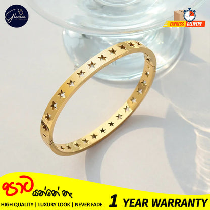 Glamon Luxury Hollow Star Design Gold Bangle For Women 316L Stainless Steel High Polished Gold Plated Bangle For Girls Stylish Rich Look Bracelets & Bangles Gifts For Girlfriend Gold Jewellery Cuff Bracelet For Girls Accessories