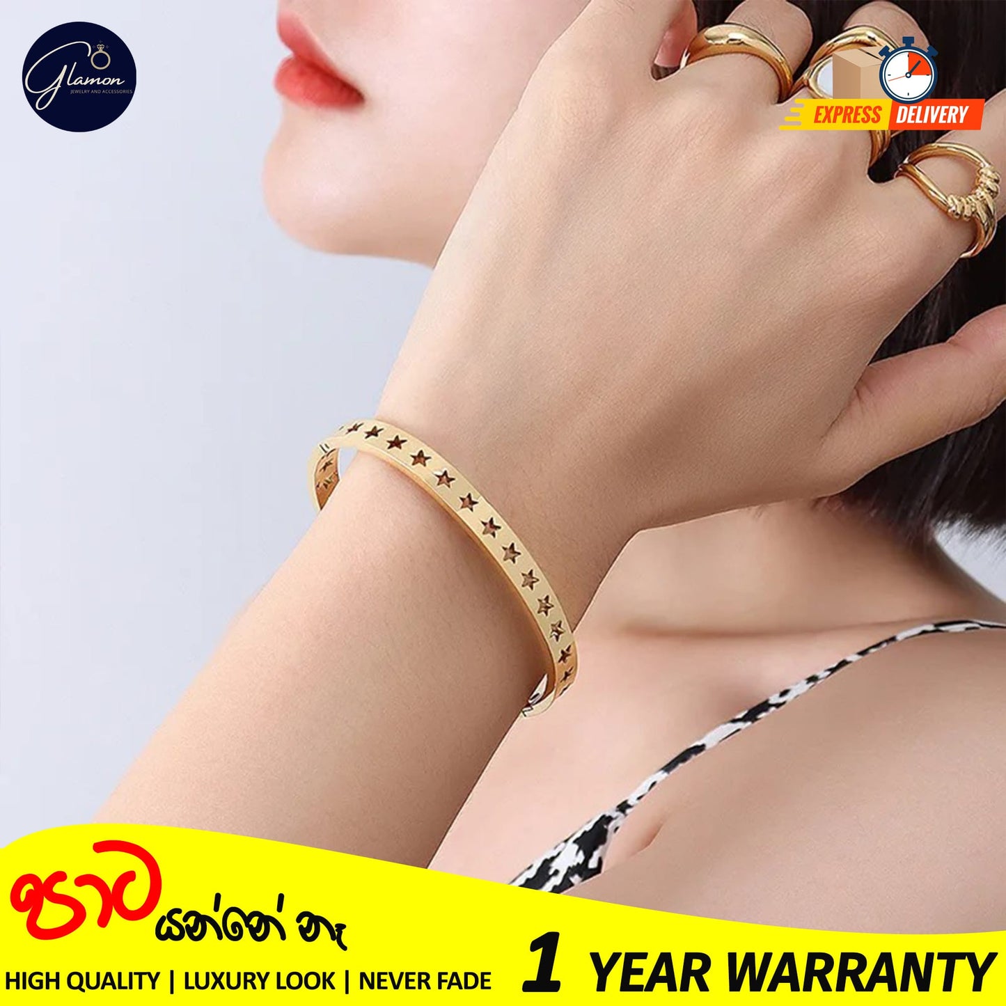 Glamon Luxury Hollow Star Design Gold Bangle For Women 316L Stainless Steel High Polished Gold Plated Bangle For Girls Stylish Rich Look Bracelets & Bangles Gifts For Girlfriend Gold Jewellery Cuff Bracelet For Girls Accessories