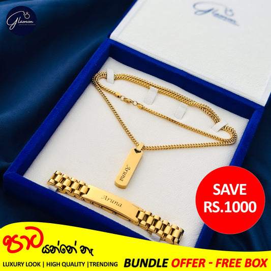 Special Bundle Offer Valentine - Customized Name Bracelet and Necklace For Men-With Gift Box-GOLD
