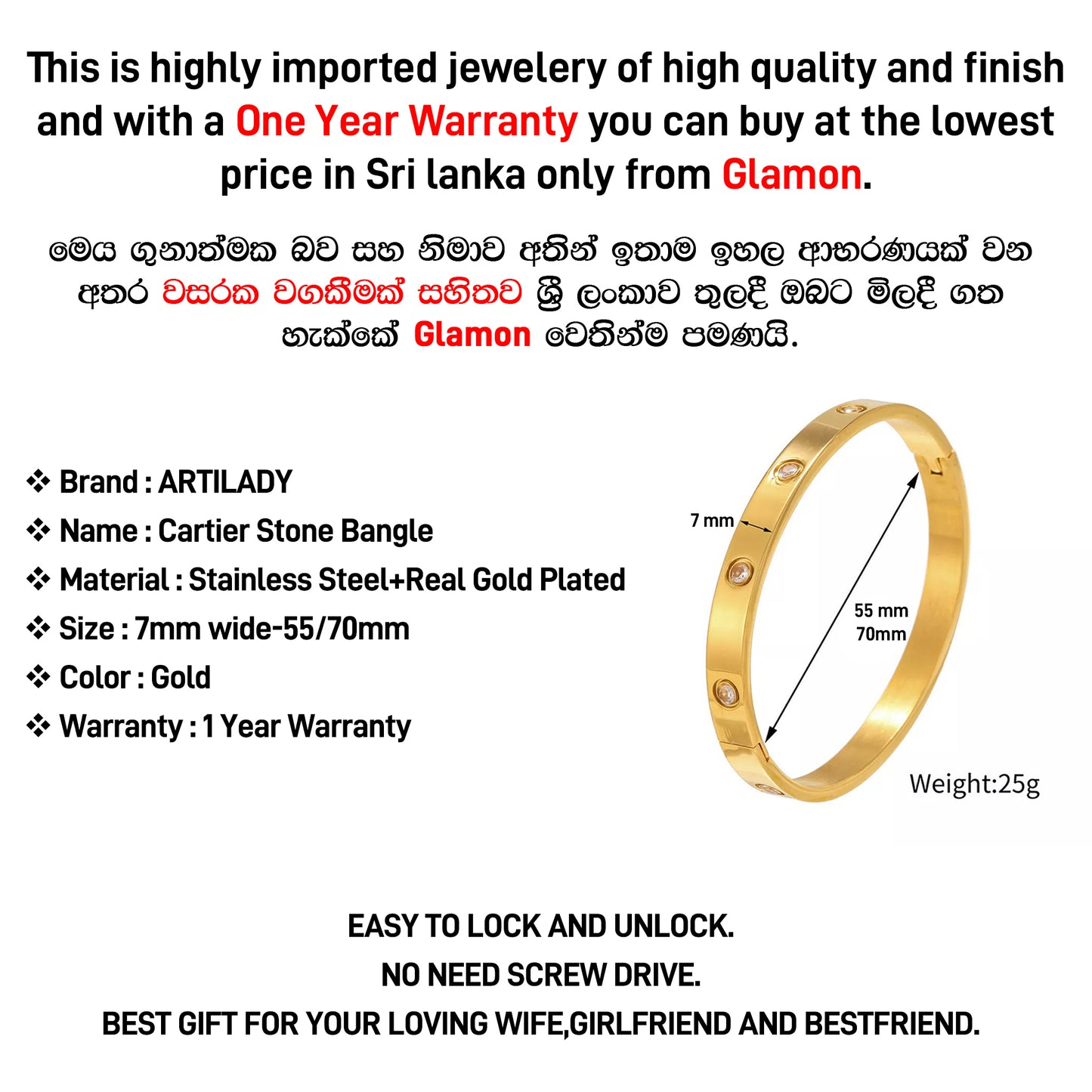 Luxury Gold Coated Stainless Steel 6mm Crystal Love Cartier Stone Bangle Bracelet For Women