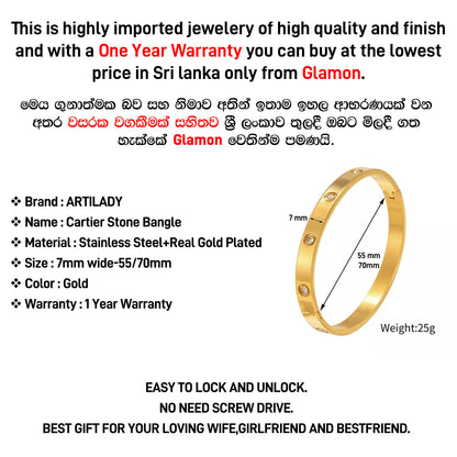 Luxury Gold Coated Stainless Steel 6mm Crystal Love Cartier Stone Bangle Bracelet For Women