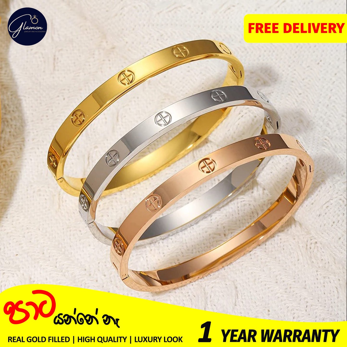 Glamon Luxury Gold Bangles For Women Cross Design Waterproof LOVE Crystal Bangle Oval Beslet Gold Jewellery Stainless Steel Bracelet for Girls Gift Jewelry