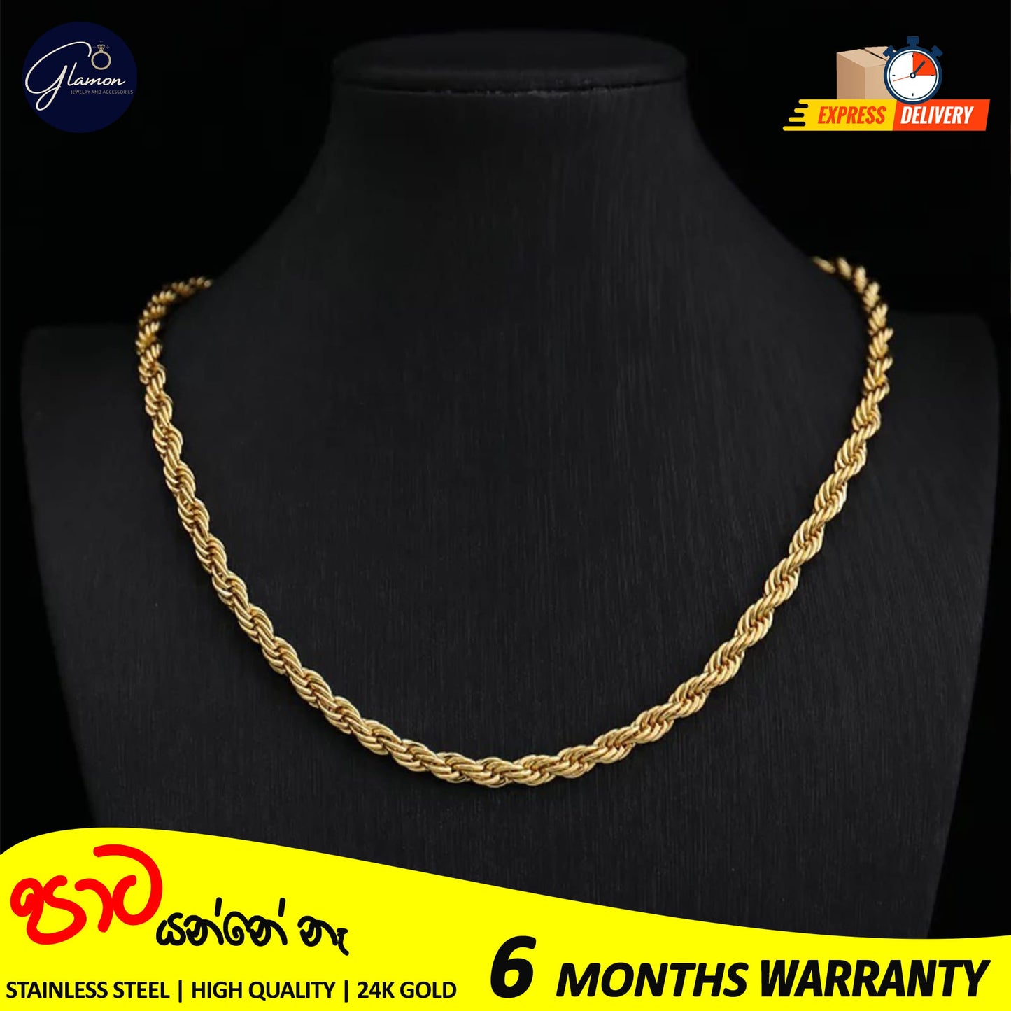 3mm Rope Chain Necklace Stainless Steel Waterproof Gold Color