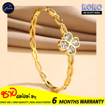 Glamon Trendy Hollow Cubic Zirconia Luxury Stainless Steel Bangles For Women High Quality Lucky Leaf Korean Fashion Minimalist Bracelets For Girls Gift items Jewellery