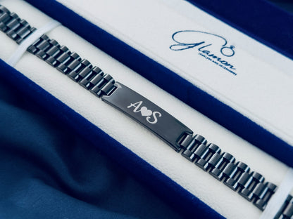 Close-up of engraved name bracelet for men black stainless steel personalized