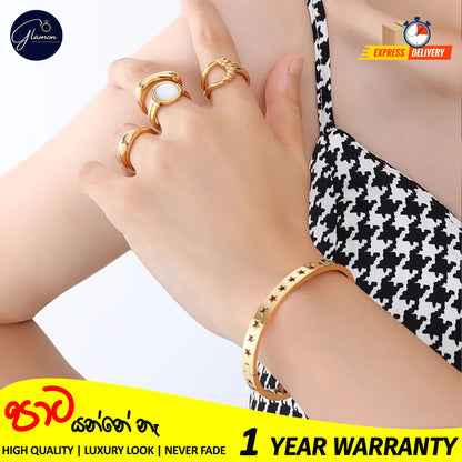 Glamon Luxury Hollow Star Design Gold Bangle For Women 316L Stainless Steel High Polished Gold Plated Bangle For Girls Stylish Rich Look Bracelets & Bangles Gifts For Girlfriend Gold Jewellery Cuff Bracelet For Girls Accessories