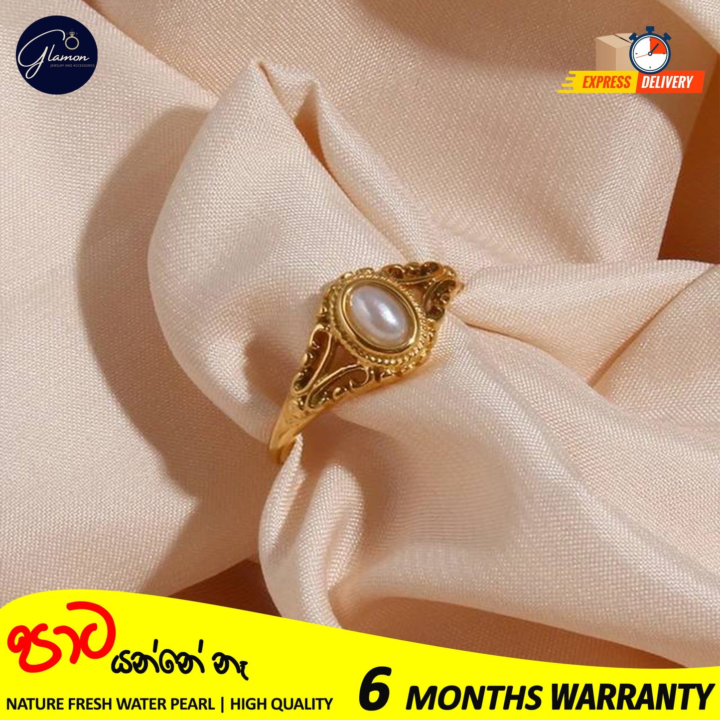 Glamon Luxury Gold Plated Freshwater Pearl Waterproof Rings for Girls Stainless Steel Hollow Design Durable Waterproof Jewelry for Everyday wear and Special Occasions