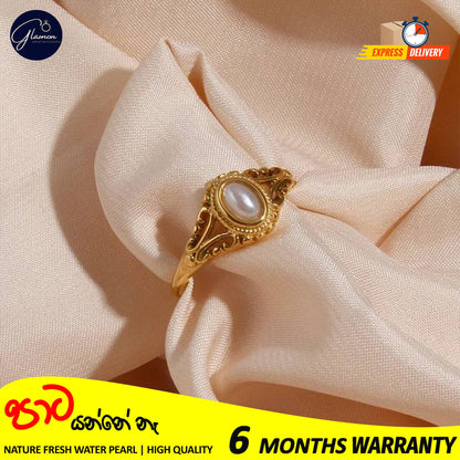 Glamon Luxury Gold Plated Freshwater Pearl Waterproof Rings for Girls Stainless Steel Hollow Design Durable Waterproof Jewelry for Everyday wear and Special Occasions