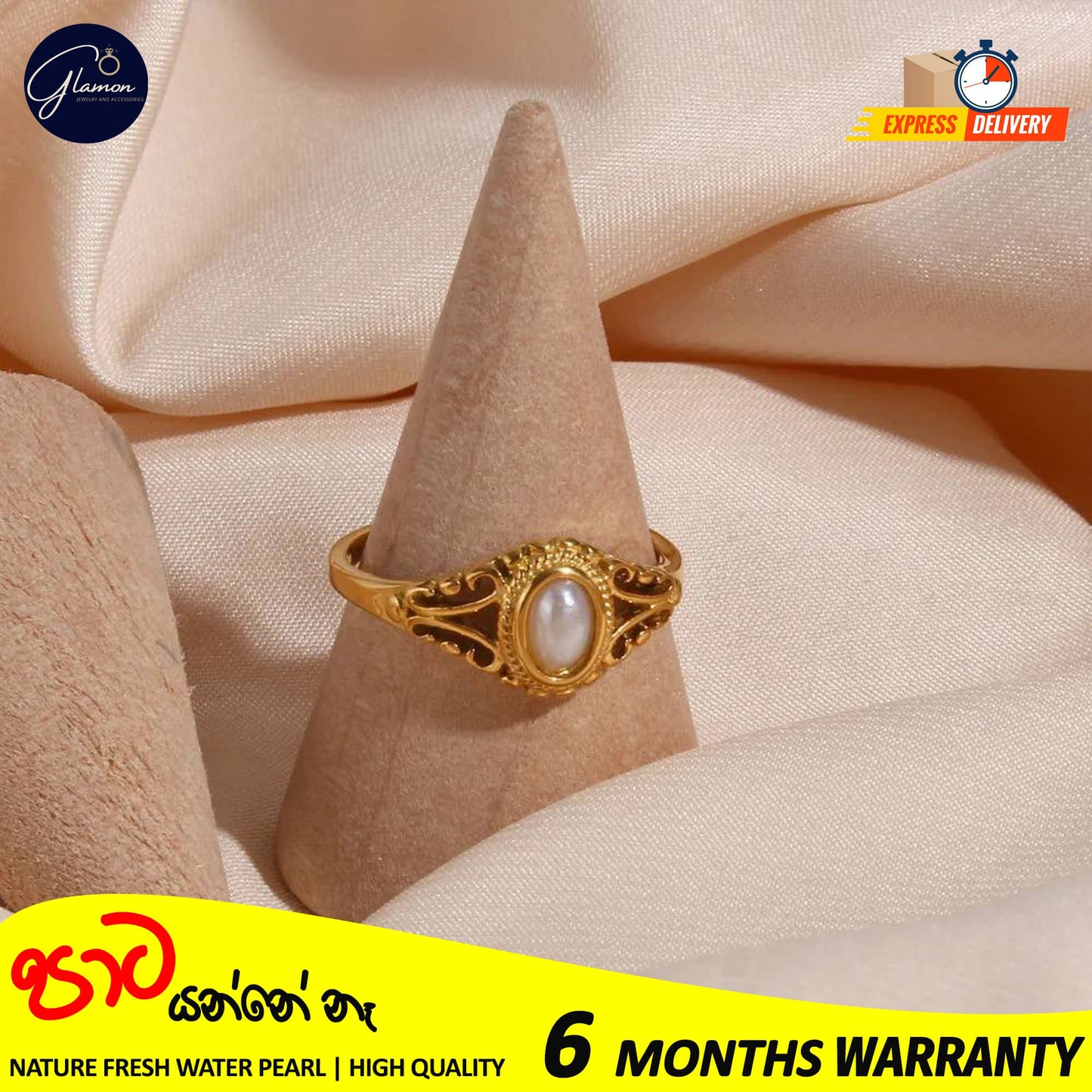 Glamon Luxury Gold Plated Freshwater Pearl Waterproof Rings for Girls Stainless Steel Hollow Design Durable Waterproof Jewelry for Everyday wear and Special Occasions