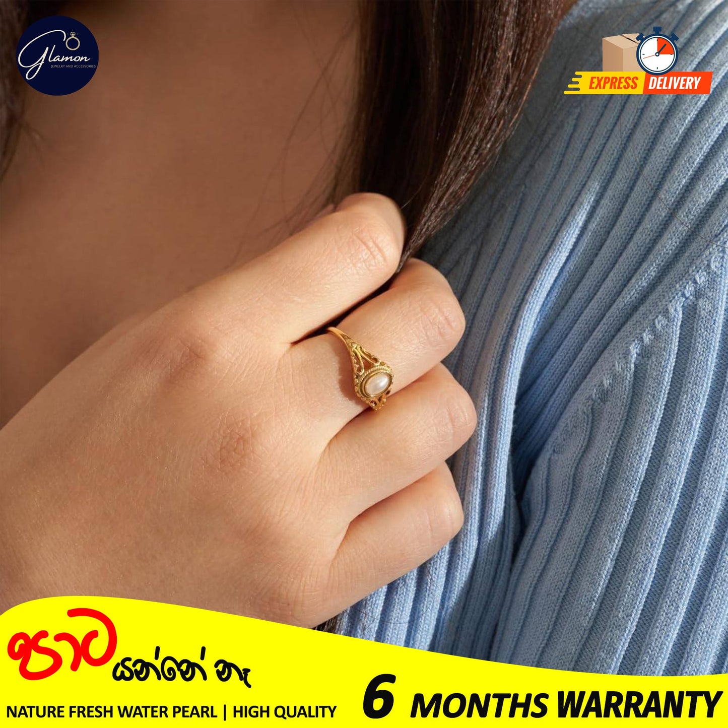 Glamon Luxury Gold Plated Freshwater Pearl Waterproof Rings for Girls Stainless Steel Hollow Design Durable Waterproof Jewelry for Everyday wear and Special Occasions