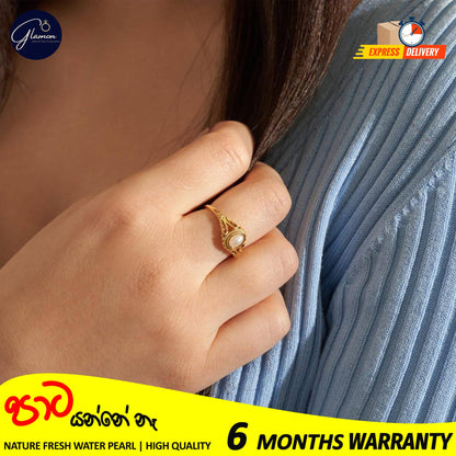 Glamon Luxury Gold Plated Freshwater Pearl Waterproof Rings for Girls Stainless Steel Hollow Design Durable Waterproof Jewelry for Everyday wear and Special Occasions