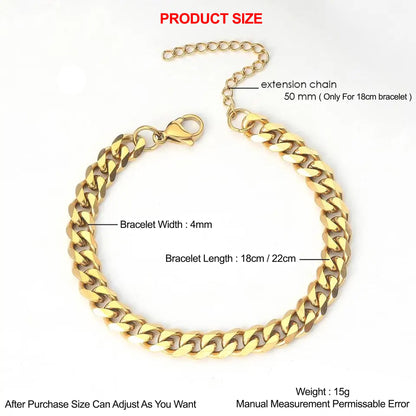 4mm Cuban Link Bracelet Gold Color Waterproof