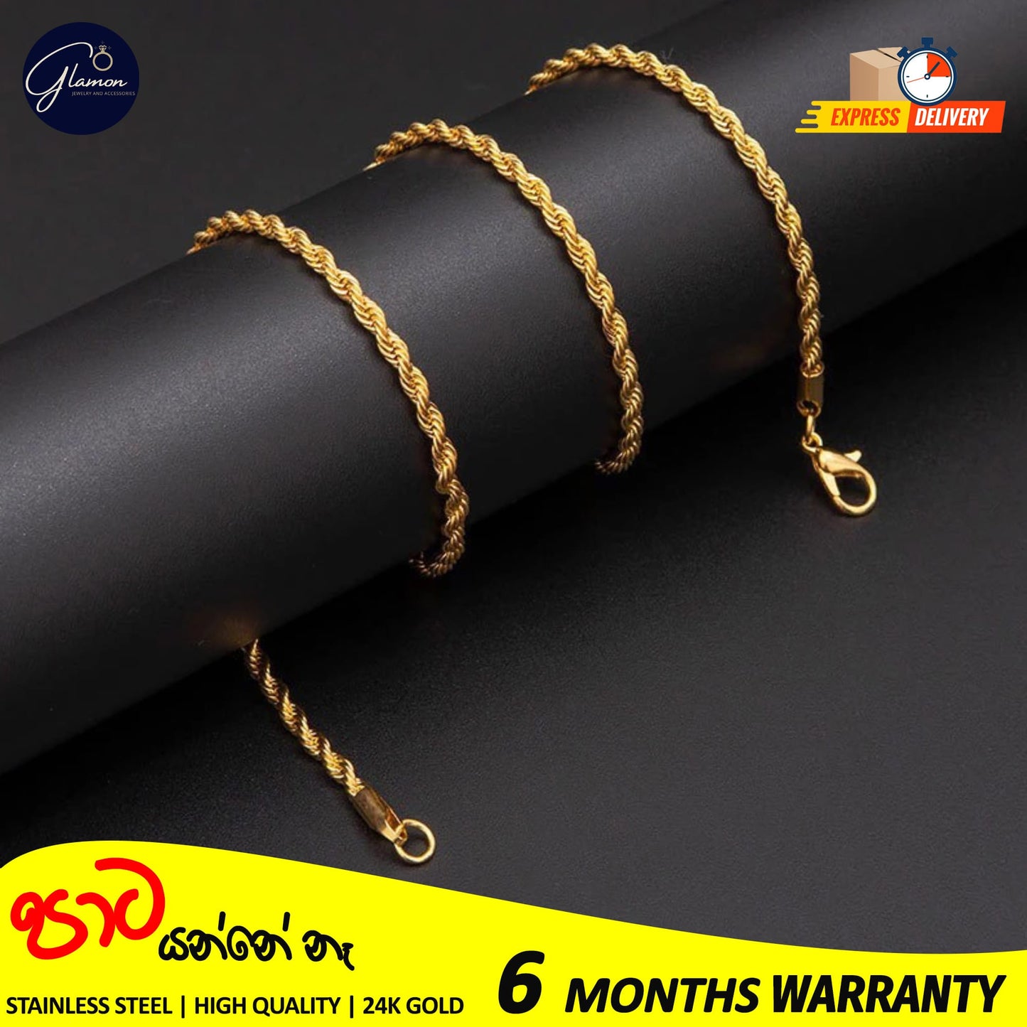 3mm Rope Chain Necklace Stainless Steel Waterproof Gold Color