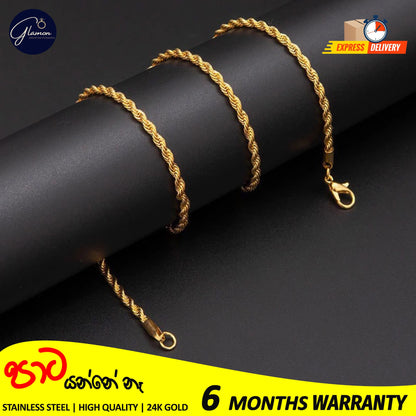 3mm Rope Chain Necklace Stainless Steel Waterproof Gold Color