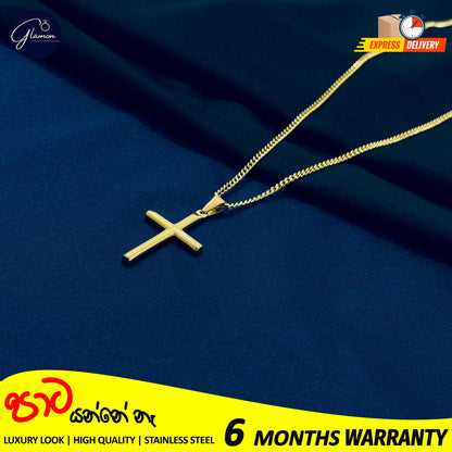 Cross Pendant and 3mm Cuban Link Chain-GOLD-60cm