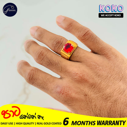 Glamon High Quality Gold Coated Red Zircon Ring For Men Stainless Steel Mens Rings Fashion Jewellery Gift For Boys