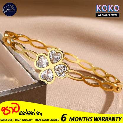 Glamon Trendy Hollow Cubic Zirconia Luxury Stainless Steel Bangles For Women High Quality Lucky Leaf Korean Fashion Minimalist Bracelets For Girls Gift items Jewellery