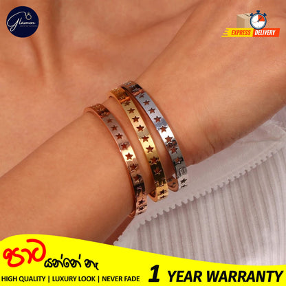 Glamon Luxury Hollow Star Design Gold Bangle For Women 316L Stainless Steel High Polished Gold Plated Bangle For Girls Stylish Rich Look Bracelets & Bangles Gifts For Girlfriend Gold Jewellery Cuff Bracelet For Girls Accessories