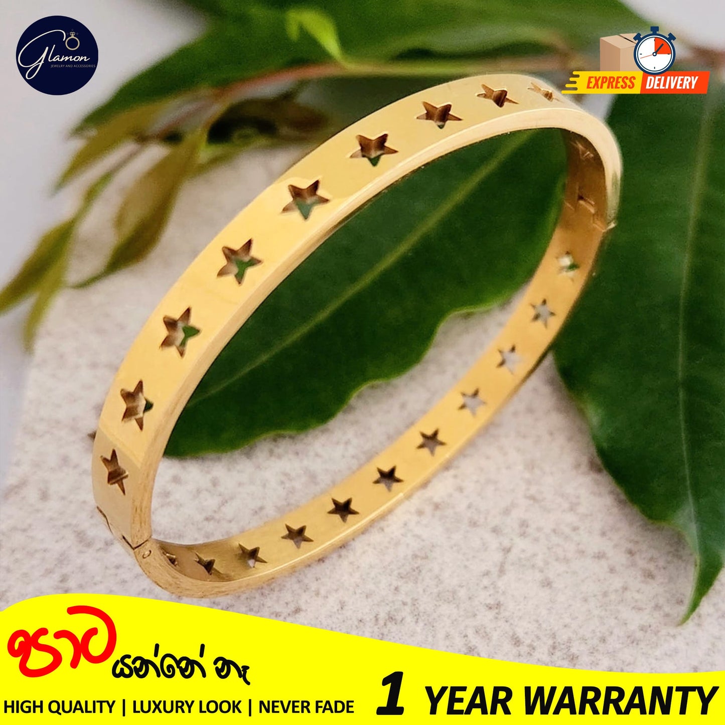 Glamon Luxury Hollow Star Design Gold Bangle For Women 316L Stainless Steel High Polished Gold Plated Bangle For Girls Stylish Rich Look Bracelets & Bangles Gifts For Girlfriend Gold Jewellery Cuff Bracelet For Girls Accessories