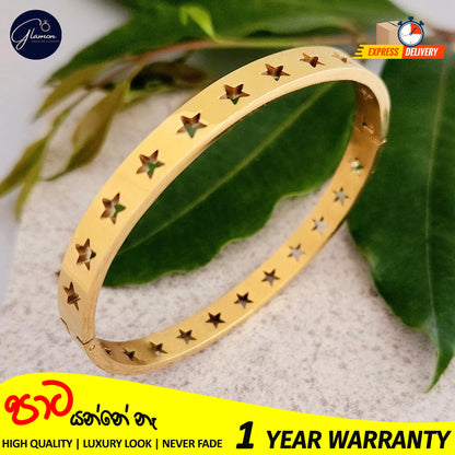 Glamon Luxury Hollow Star Design Gold Bangle For Women 316L Stainless Steel High Polished Gold Plated Bangle For Girls Stylish Rich Look Bracelets & Bangles Gifts For Girlfriend Gold Jewellery Cuff Bracelet For Girls Accessories