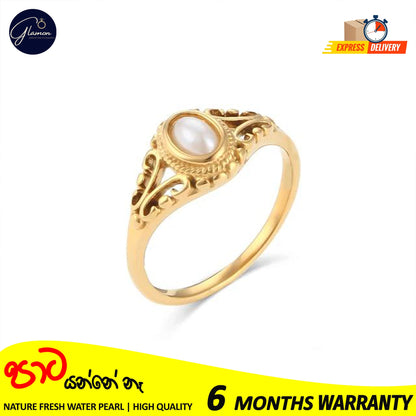 Glamon Luxury Gold Plated Freshwater Pearl Waterproof Rings for Girls Stainless Steel Hollow Design Durable Waterproof Jewelry for Everyday wear and Special Occasions