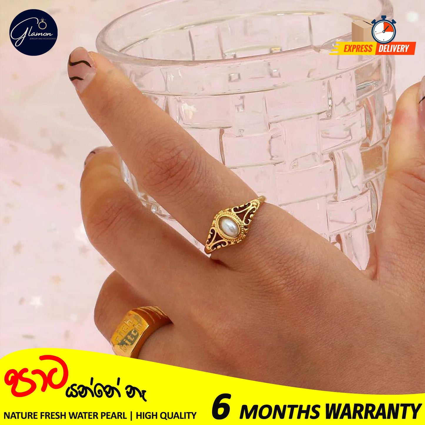 Glamon Luxury Gold Plated Freshwater Pearl Waterproof Rings for Girls Stainless Steel Hollow Design Durable Waterproof Jewelry for Everyday wear and Special Occasions