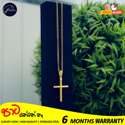 Cross Pendant and 3mm Cuban Link Chain-GOLD-60cm