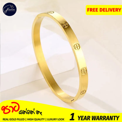 Glamon Luxury Gold Bangles For Women Cross Design Waterproof LOVE Crystal Bangle Oval Beslet Gold Jewellery Stainless Steel Bracelet for Girls Gift Jewelry