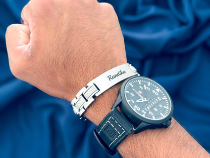 Close-up of engraved name bracelet for men made with stainless steel