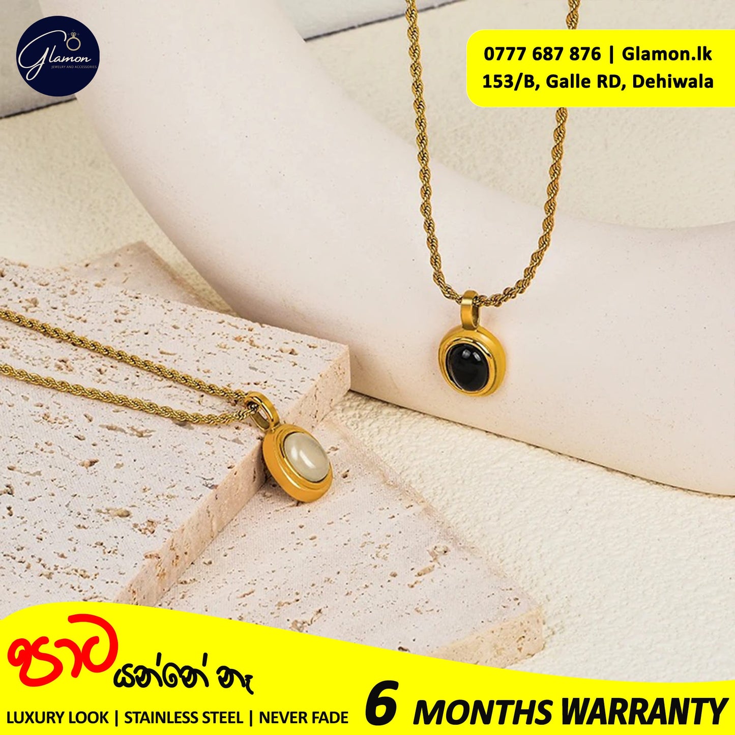 Oval Black -White Stone Pendant Necklace For Girls