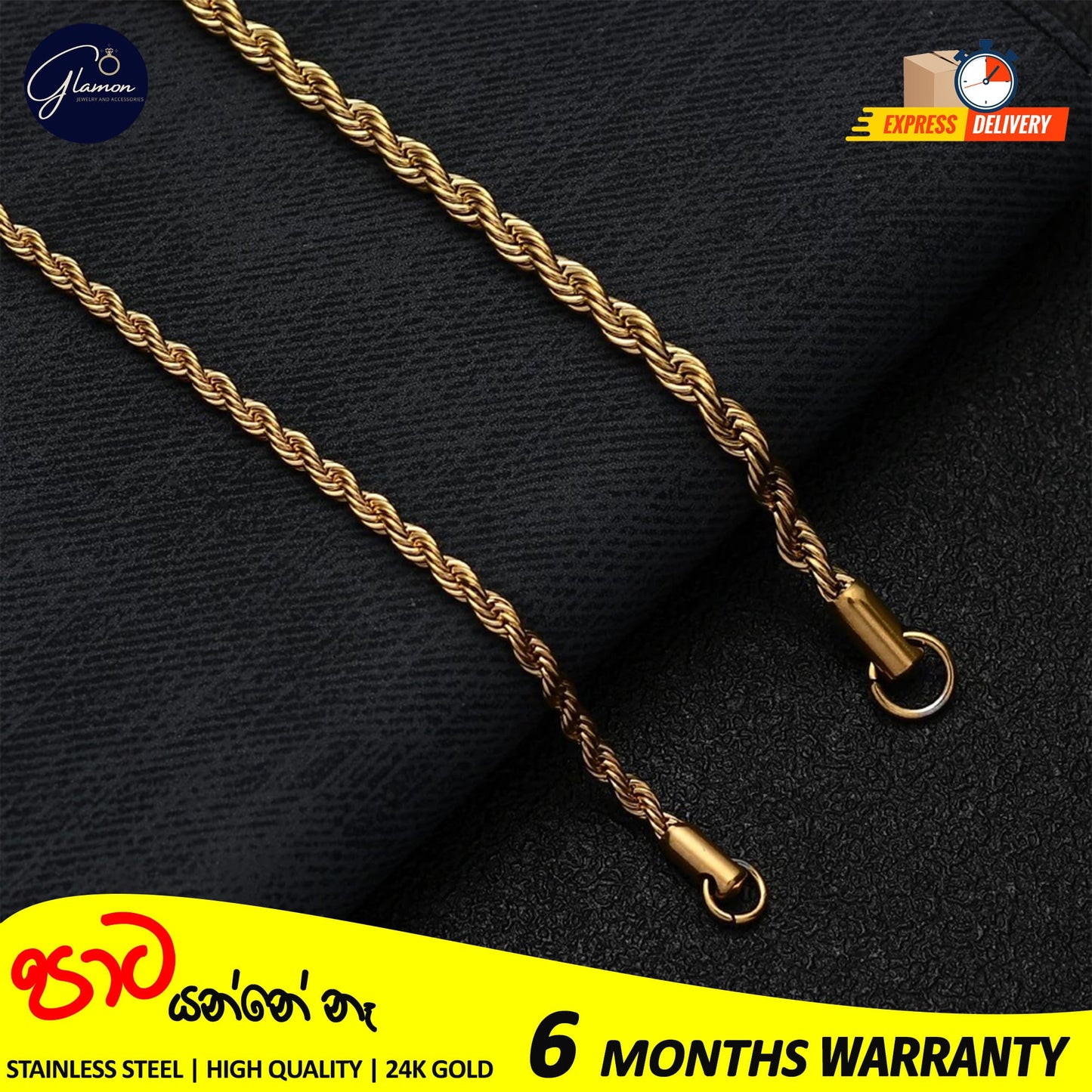 3mm Rope Chain Necklace Stainless Steel Waterproof Gold Color