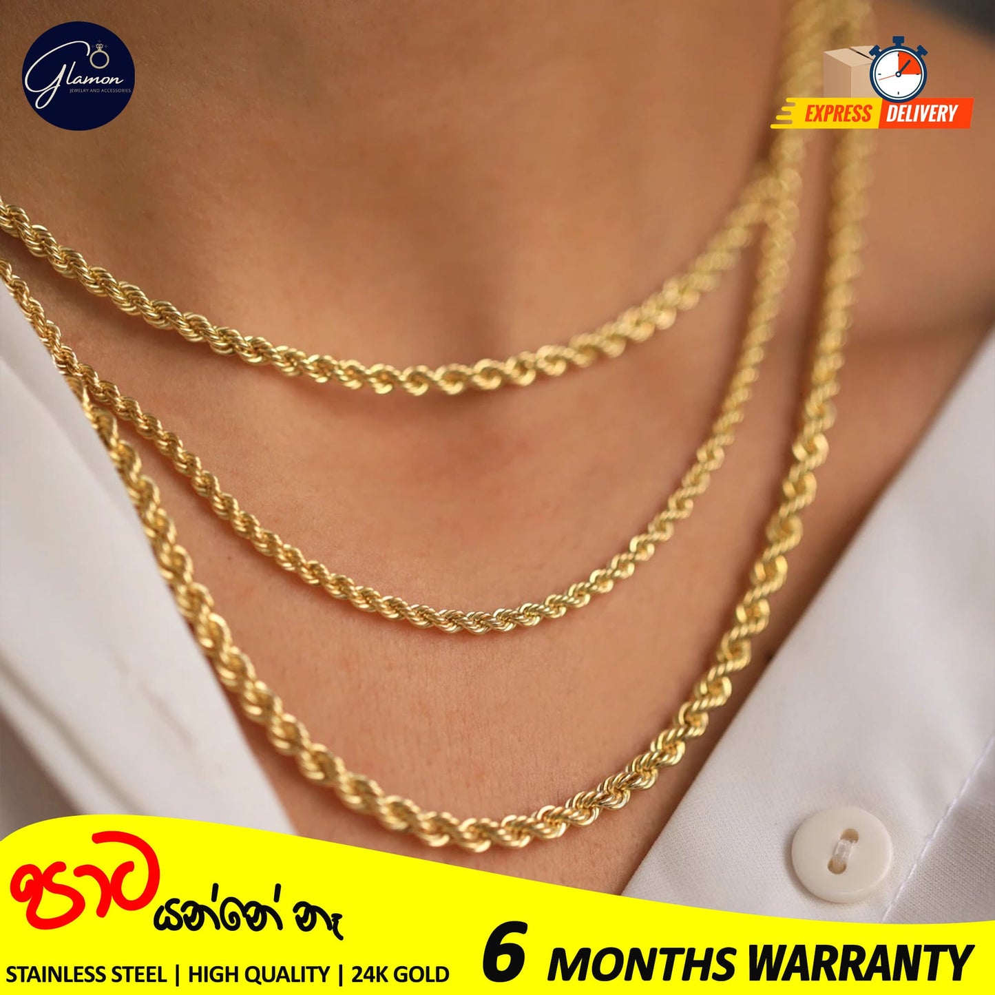 3mm Rope Chain Necklace Stainless Steel Waterproof Gold Color