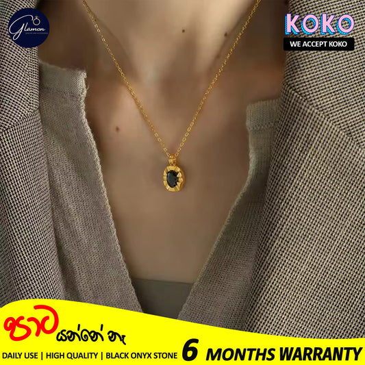 Glamon New French Fashion Black Stone Necklace for Girls – Classic Stainless Steel Vintage Minimalist Jewelry with Elegant Gold Chain – Timeless and Stylish Gift for Women, Perfect for Any Occasion