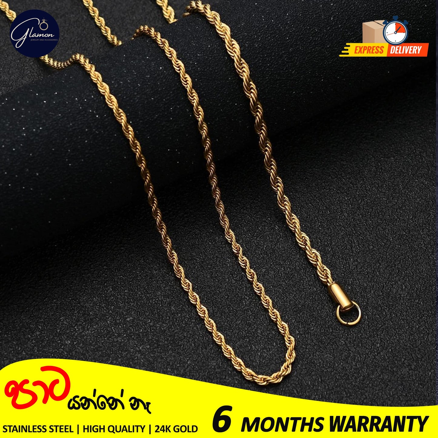 3mm Rope Chain Necklace Stainless Steel Waterproof Gold Color