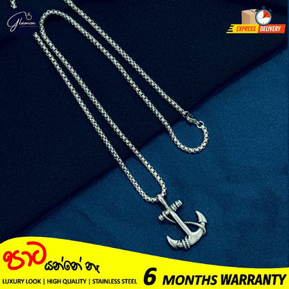 Glamon 316L Stainless Steel Anchor Pendant & 3mm Silver Color Box Chain Necklace For Men High Quality Waterproof Mens Necklace