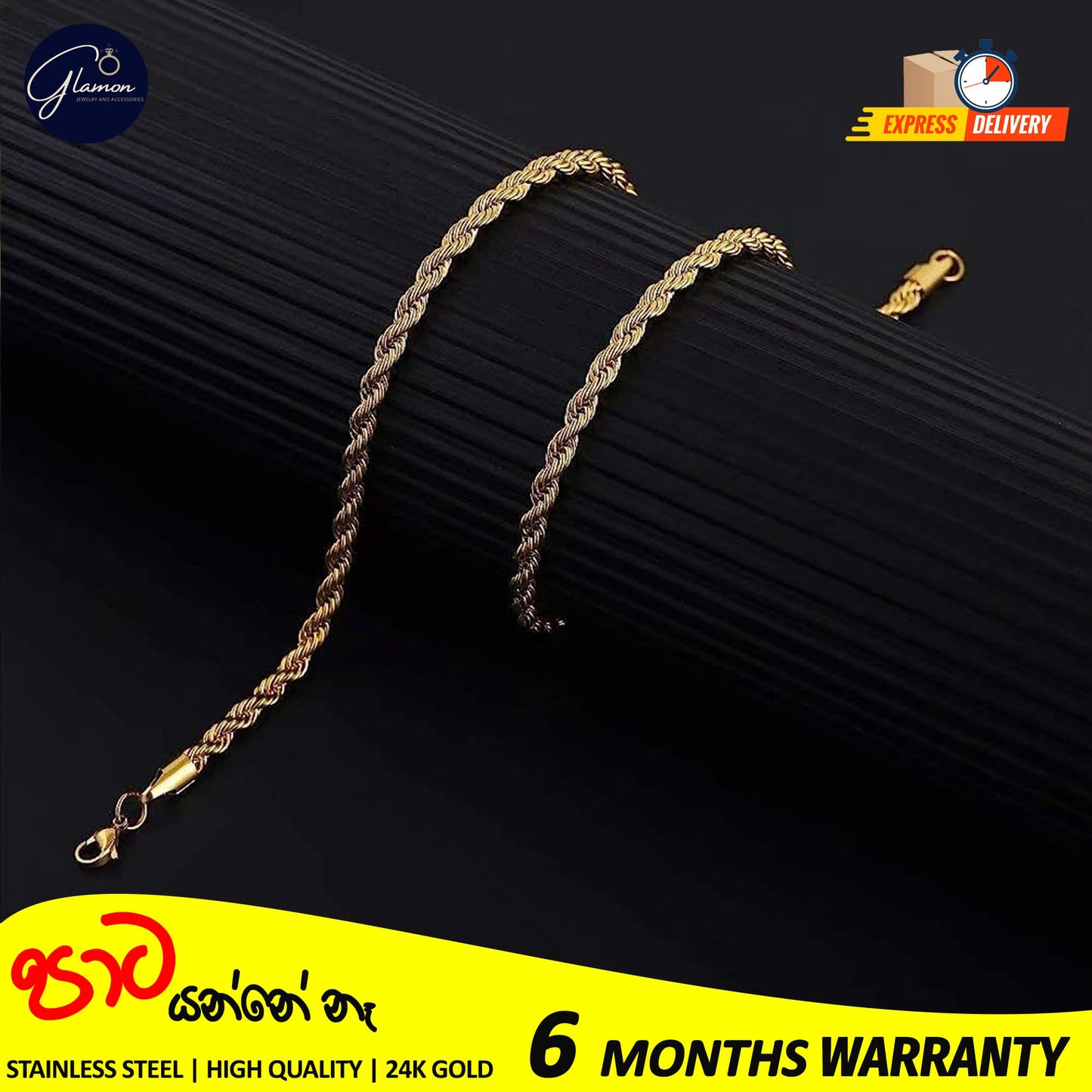 3mm Rope Chain Necklace Stainless Steel Waterproof Gold Color