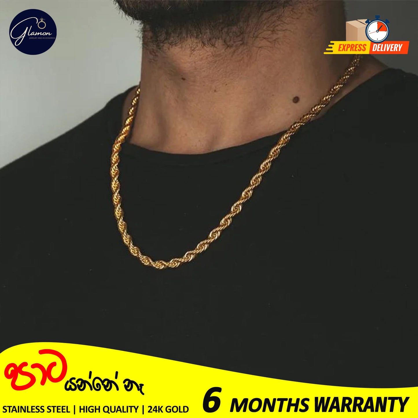 3mm Rope Chain Necklace Stainless Steel Waterproof Gold Color